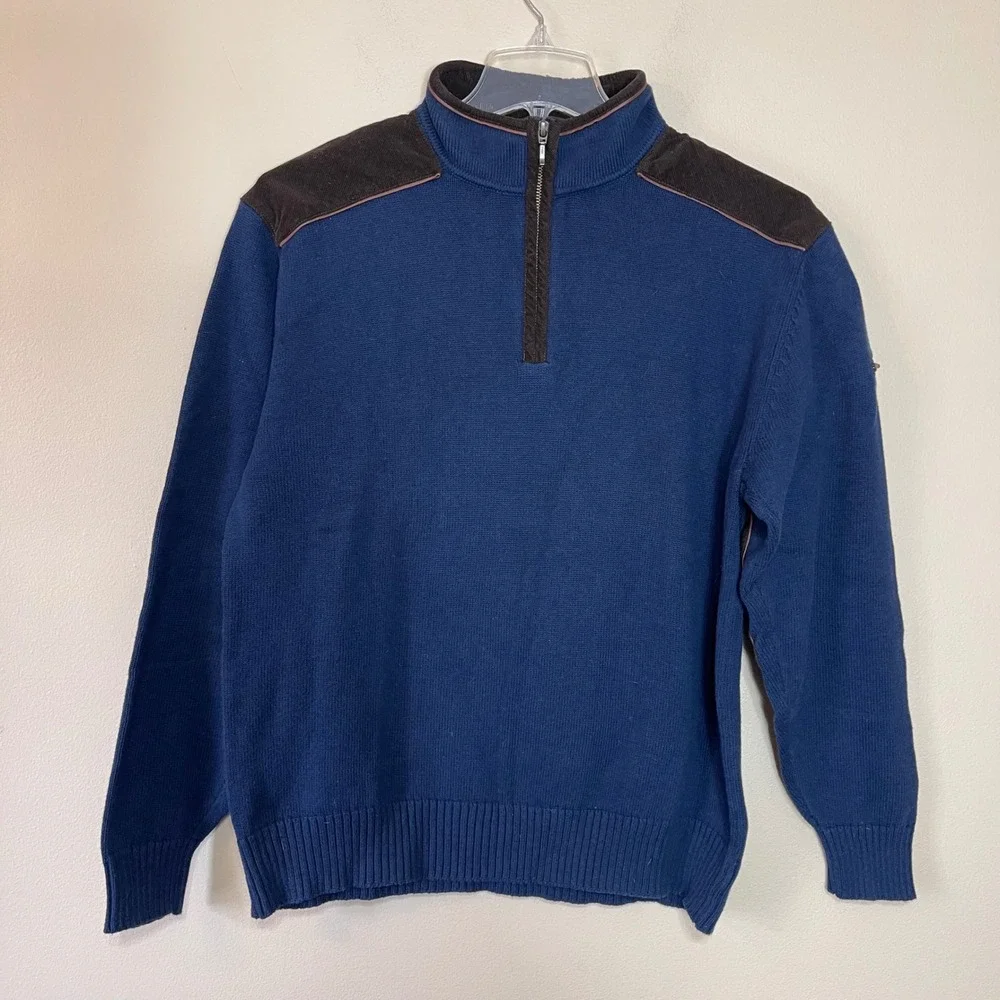 Orvis Mens‎ Blue Cotton Quarter Zip Sweater Corduroy Elbow Shoulder Patches M